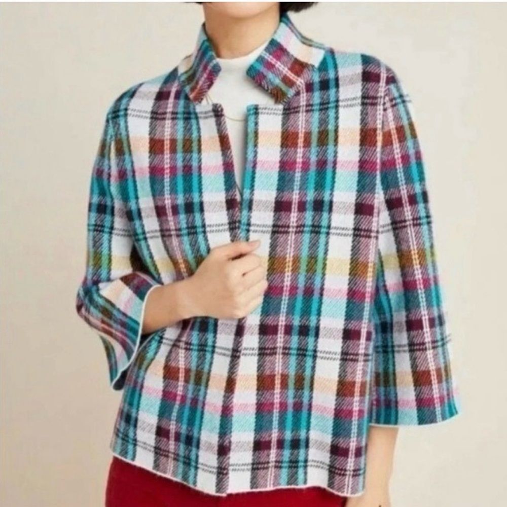 Anthropologie Rosetta Cropped Plaid Sweater Jacket Size SMALL Colorful Blazer